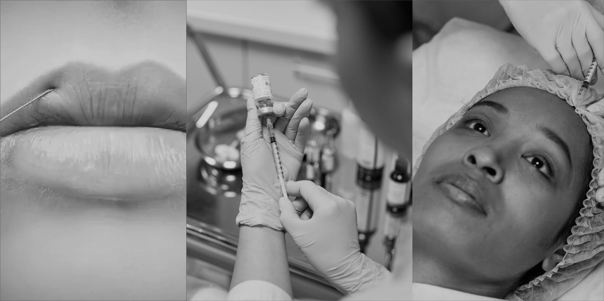A black and white photo of a person getting an injection.
