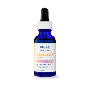 A bottle of serum with blue label on it.