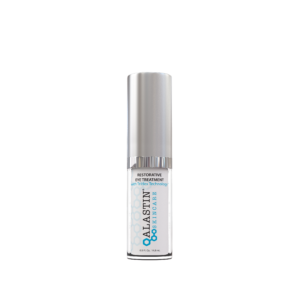 A bottle of eye cream is shown on a black background.