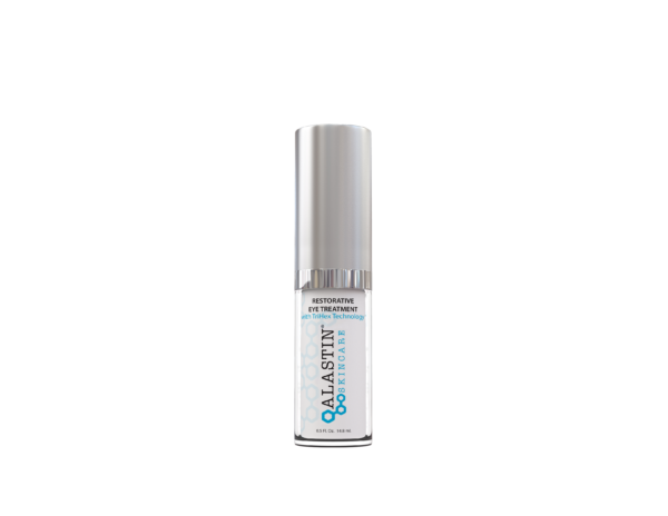 A bottle of eye cream is shown on a black background.